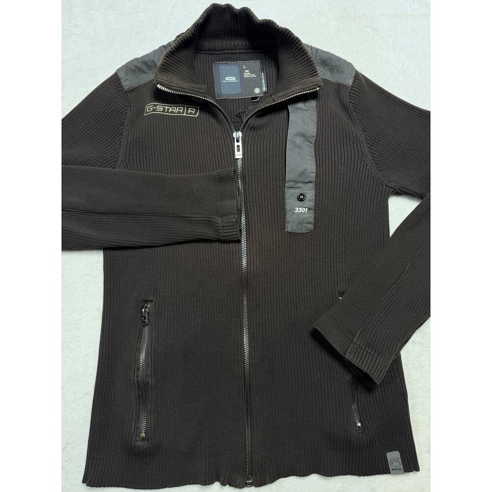 G-STAR RAW Rare 3301 Ribbed Cardigan Sz Lg Knit Zip Up Jacket Brown Logo